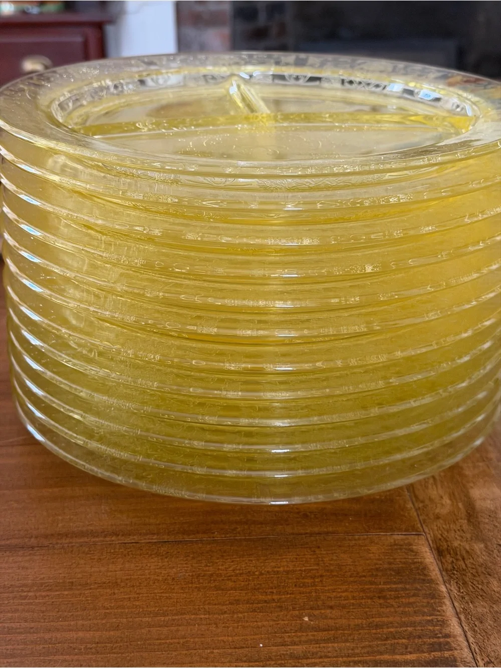 4 Topaz Yellow Depression Glass Divided Grill Plates 10.5” Floral Etched Lunch